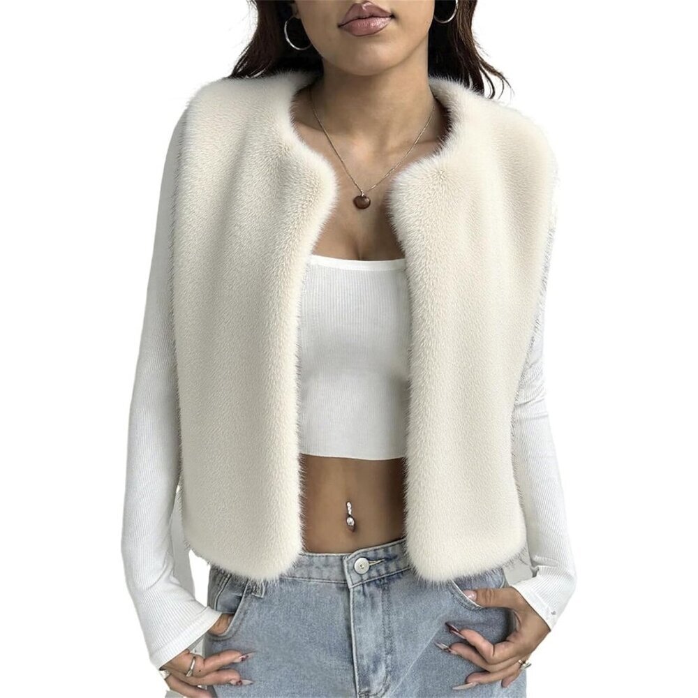Women's White Winter Vest Warm Coat Faux Fur Vest Fluffy Classic Sleeveless